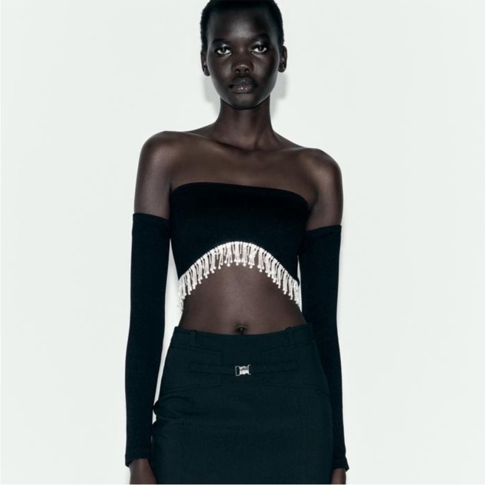 Zara Black Off-Shoulder Crop Top with Fringe